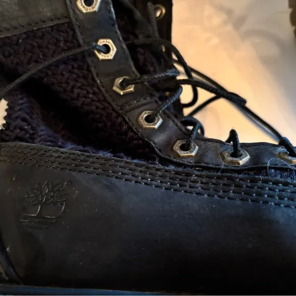 Black crochet mesh Timberland combat boots Size 6.5 anti fatigue unique