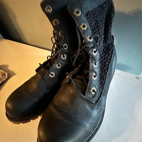 Black crochet mesh Timberland combat boots Size 6.5 anti fatigue unique