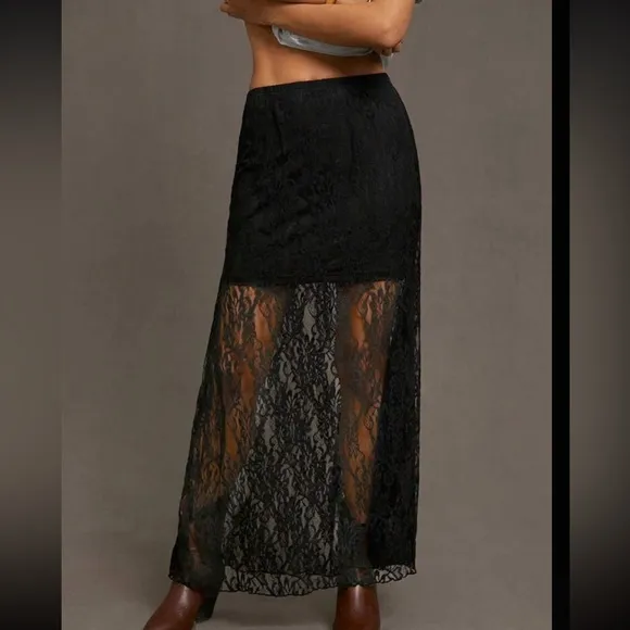 Black lace midi skirt with built in mini skirt lining, elastic waistband