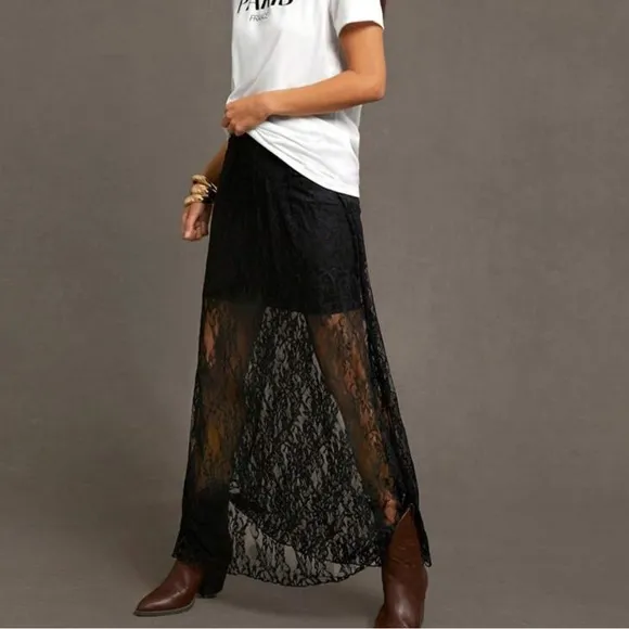 Black lace midi skirt with built in mini skirt lining, elastic waistband