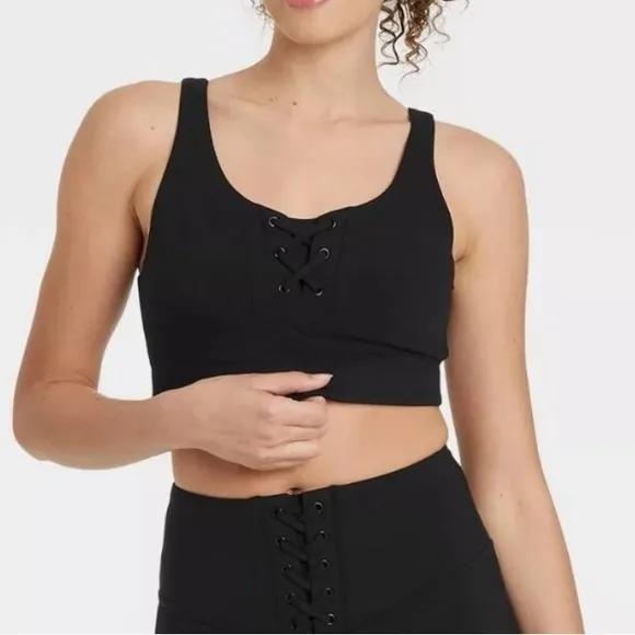 Black lace up sporty active workout gym lace up sports bra
