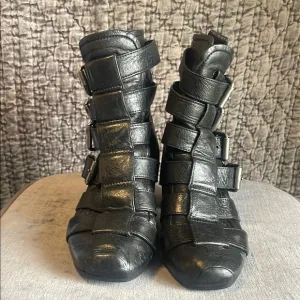 Black Leather Combat Boots with Buckle Straps
