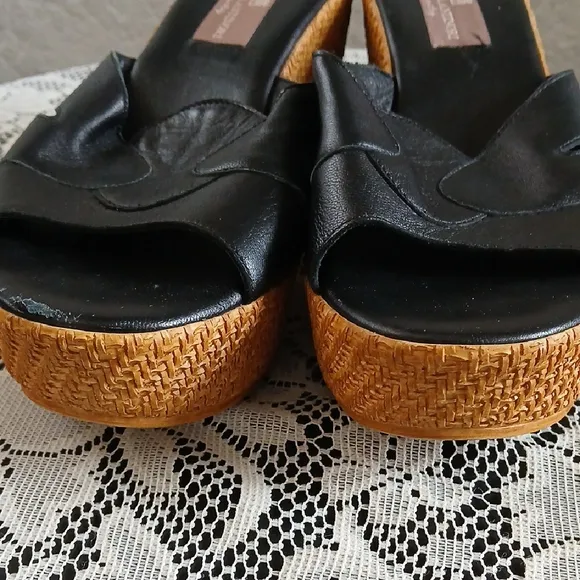 Black Leather Wedges with Platform Sole