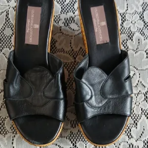 Black Leather Wedges with Platform Sole