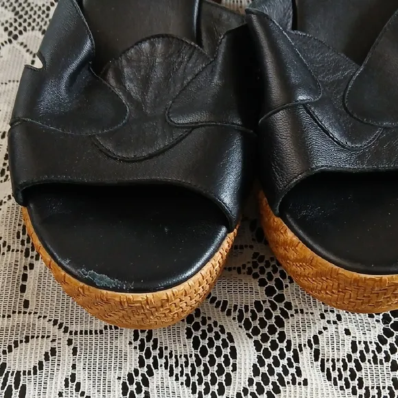 Black Leather Wedges with Platform Sole
