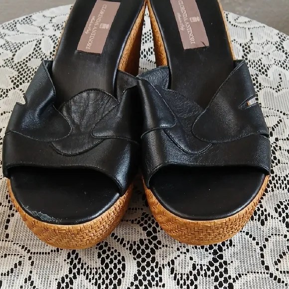 Black Leather Wedges with Platform Sole