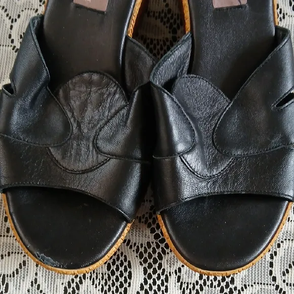 Black Leather Wedges with Platform Sole