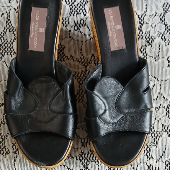 Black Leather Wedges with Platform Sole