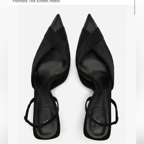 Black mesh &amp; satin trim pointed toe sling back kitten heels