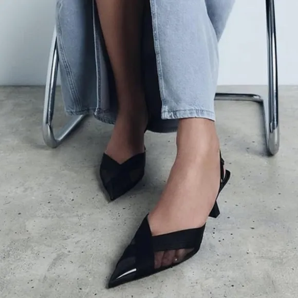 Black mesh &amp; satin trim pointed toe sling back kitten heels