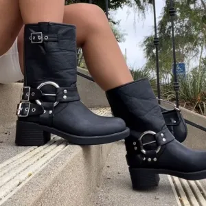 BLACK MOTO COMBAT BIKER BUCKLE BOOTIES