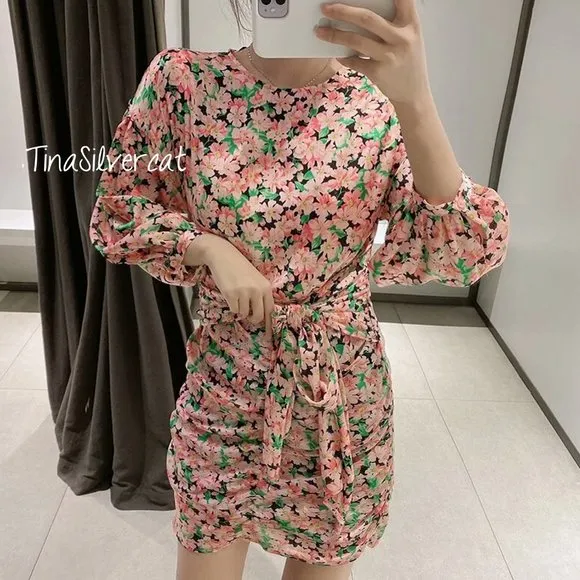BLOGGER'S FAVE! Printed Floral Draped Mini Dress Pink Green Black Sz XS NWT