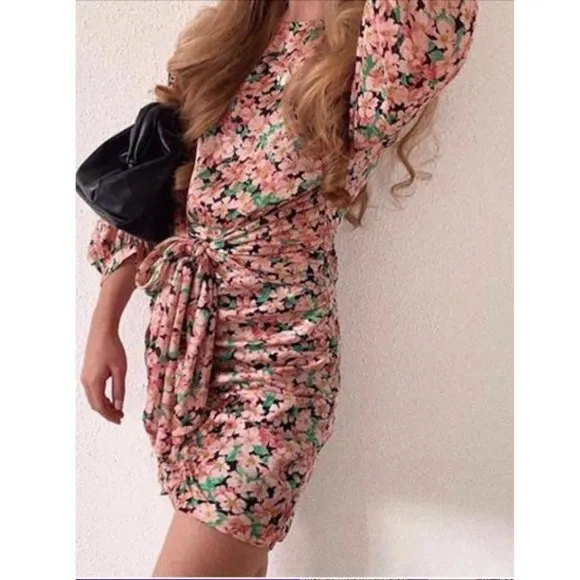 BLOGGER'S FAVE! Printed Floral Draped Mini Dress Pink Green Black Sz XS NWT