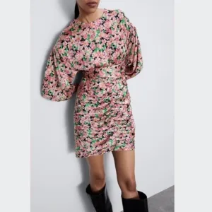 BLOGGER'S FAVE! Printed Floral Draped Mini Dress Pink Green Black Sz XS NWT