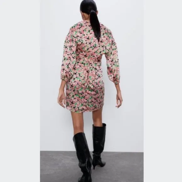 BLOGGER'S FAVE! Printed Floral Draped Mini Dress Pink Green Black Sz XS NWT