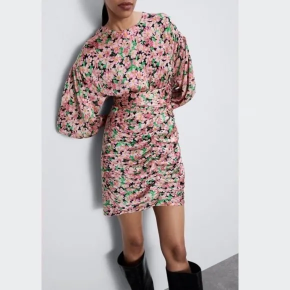 BLOGGER'S FAVE! Printed Floral Draped Mini Dress Pink Green Black Sz XS NWT
