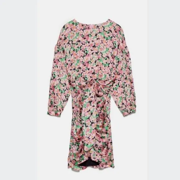 BLOGGER'S FAVE! Printed Floral Draped Mini Dress Pink Green Black Sz XS NWT