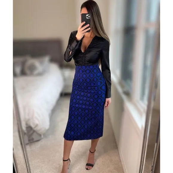BLOGGER'S FAVE! Zara Blue Print Pencil Midi Skirt Blue Black NWT