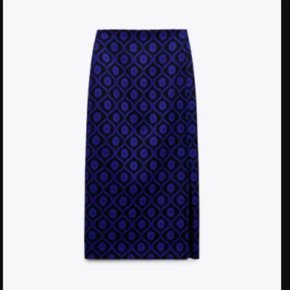 BLOGGER'S FAVE! Zara Blue Print Pencil Midi Skirt Blue Black NWT