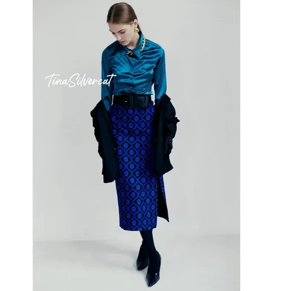 BLOGGER'S FAVE! Zara Blue Print Pencil Midi Skirt Blue Black NWT