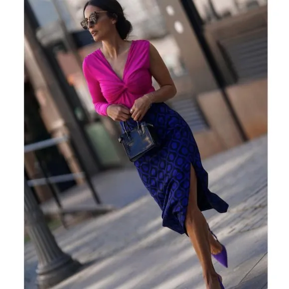 BLOGGER'S FAVE! Zara Blue Print Pencil Midi Skirt Blue Black NWT