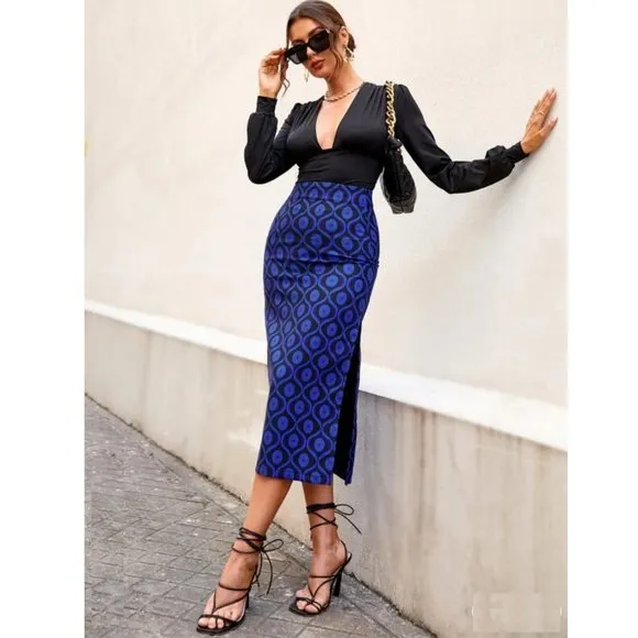 BLOGGER'S FAVE! Zara Blue Print Pencil Midi Skirt Blue Black NWT