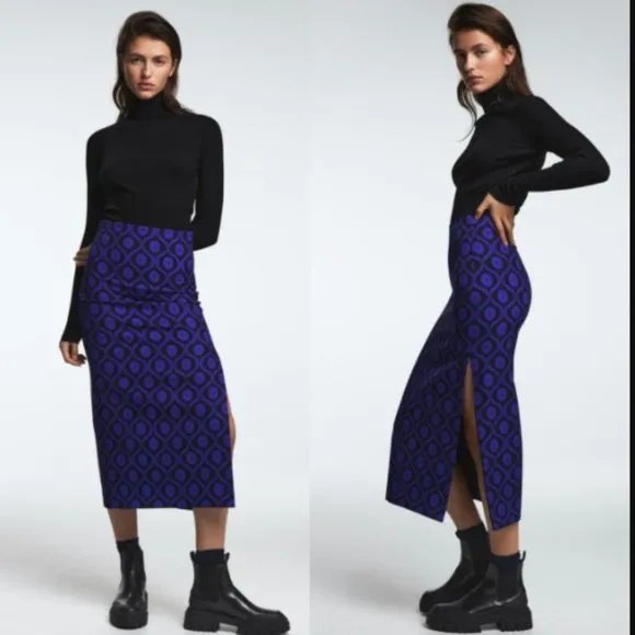 BLOGGER'S FAVE! Zara Blue Print Pencil Midi Skirt Blue Black NWT