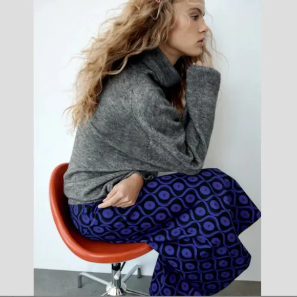 BLOGGER'S FAVE! Zara Blue Print Pencil Midi Skirt Blue Black NWT