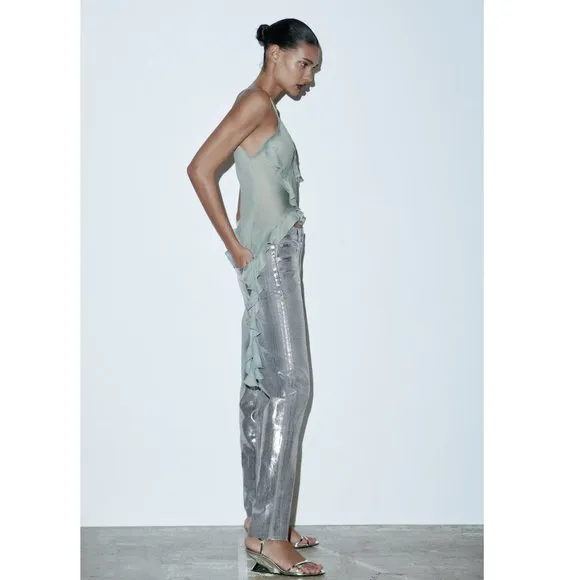 BLOGGER'S FAVE! Zara Metallic Silver Slim Jeans NWT