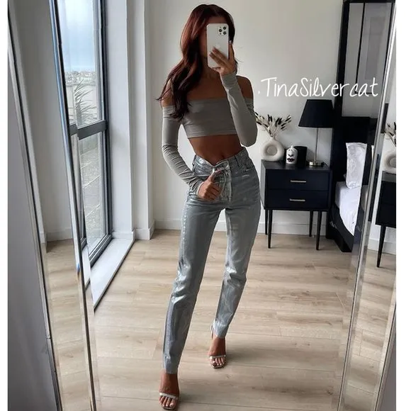 BLOGGER'S FAVE! Zara Metallic Silver Slim Jeans NWT