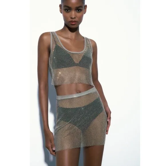 BLOGGER'S FAVE! Zara Rhinestone Mesh Mini Skirt NWT