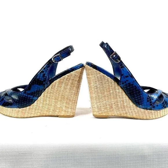 BLUE SNAKESKIN PLATFORM WEDGES BY WHBM SIZE 7M