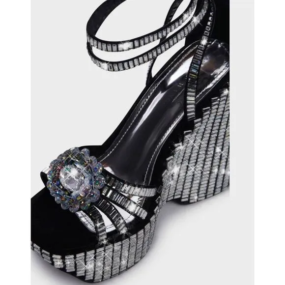 BNIB~AZALEA WANG Rosalia Black &amp; Silver Platform Sparkle Wedge Heel Sandals Sz 1