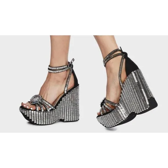 BNIB~AZALEA WANG Rosalia Black &amp; Silver Platform Sparkle Wedge Heel Sandals Sz 1