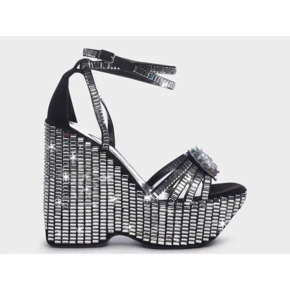 BNIB~AZALEA WANG Rosalia Black &amp; Silver Platform Sparkle Wedge Heel Sandals Sz 1