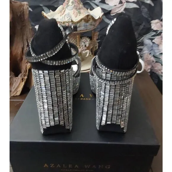 BNIB~AZALEA WANG Rosalia Black &amp; Silver Platform Sparkle Wedge Heel Sandals Sz 1