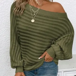 Boat Neck Batwing Sleeve Textured Knit Sweater