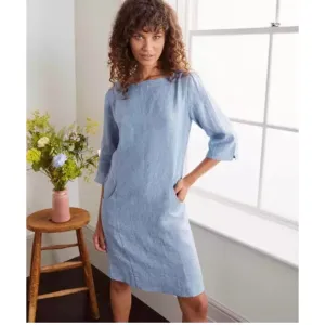 BODEN LAURIE LINEN BLUE 3/4 SLEEVE CHAMBRAY 2 POCKET SHIFT DRESS SIZE 6 EUC