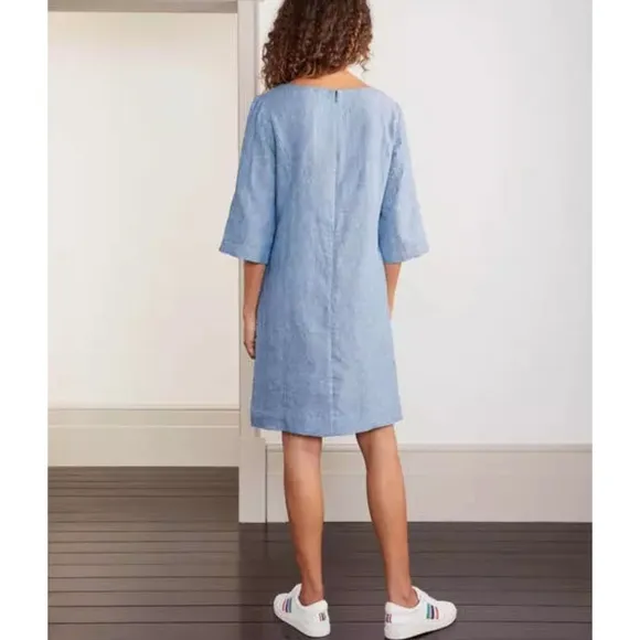 BODEN LAURIE LINEN BLUE 3/4 SLEEVE CHAMBRAY 2 POCKET SHIFT DRESS SIZE 6 EUC