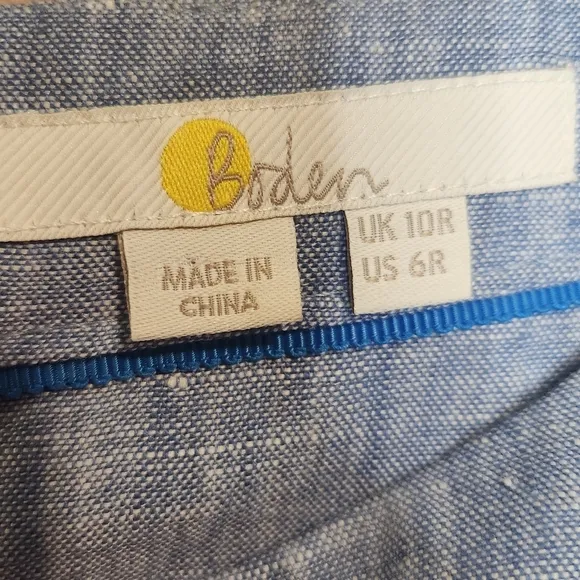 BODEN LAURIE LINEN BLUE 3/4 SLEEVE CHAMBRAY 2 POCKET SHIFT DRESS SIZE 6 EUC