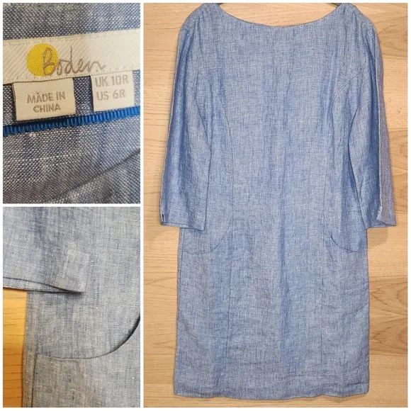 BODEN LAURIE LINEN BLUE 3/4 SLEEVE CHAMBRAY 2 POCKET SHIFT DRESS SIZE 6 EUC