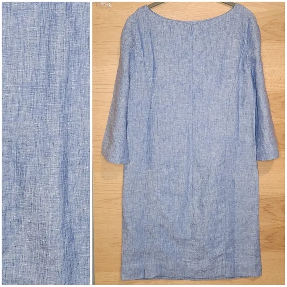 BODEN LAURIE LINEN BLUE 3/4 SLEEVE CHAMBRAY 2 POCKET SHIFT DRESS SIZE 6 EUC