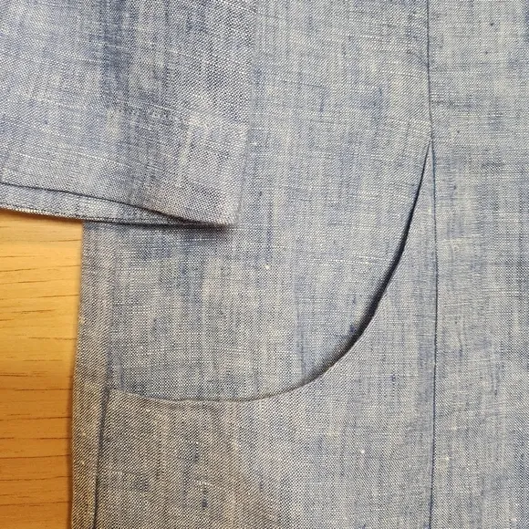 BODEN LAURIE LINEN BLUE 3/4 SLEEVE CHAMBRAY 2 POCKET SHIFT DRESS SIZE 6 EUC