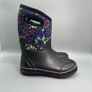 Bogs Classic Northwest Garden Kid's 4 Black Floral Winter Boots Pull-On Ankle