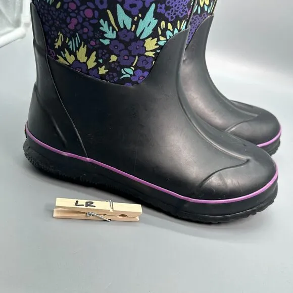 Bogs Classic Northwest Garden Kid's 4 Black Floral Winter Boots Pull-On Ankle