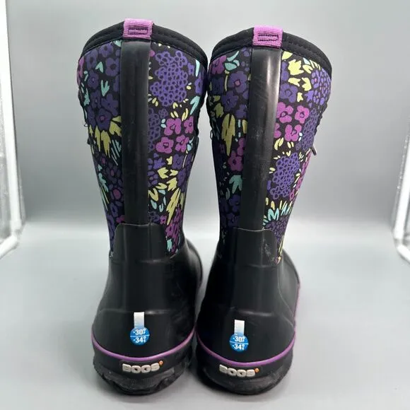 Bogs Classic Northwest Garden Kid's 4 Black Floral Winter Boots Pull-On Ankle