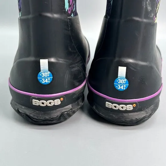 Bogs Classic Northwest Garden Kid's 4 Black Floral Winter Boots Pull-On Ankle