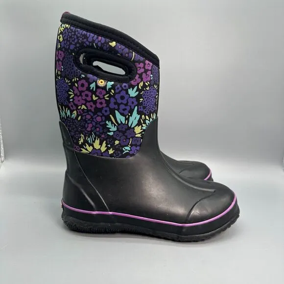 Bogs Classic Northwest Garden Kid's 4 Black Floral Winter Boots Pull-On Ankle