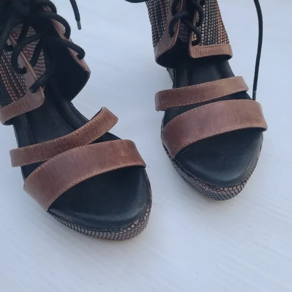 Boho Anthropologie 80  Erie retro caged Lace-up platform wedge chunky sandals