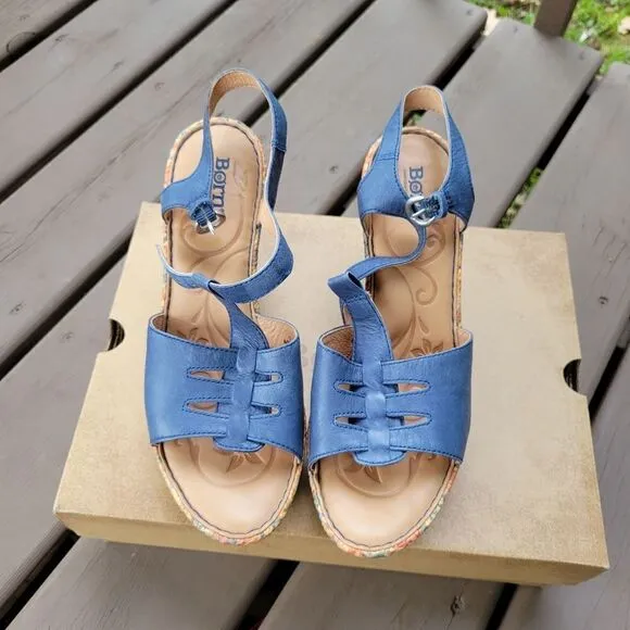 Born Rebecka Blue Leather Rainbow Floral Print Raffia T-Strap Platform Wedges 11